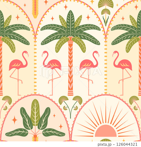 Tropical beach seamless pattern vector illustration. Flamingos, palm trees, sun in Art deco arches on a light background. Summer island vacation vibes repeat tile design in modern symmetrical style 126044321