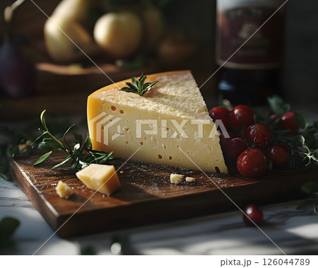 Photo of cheese with holes, red grapes on a rustic wooden board decorated with greenery.	 126044789
