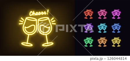 Outline neon cheers icon. Glowing neon wine glasses clink with text Cheers, celebrate holiday. Two wineglass clink, festive toast, birthday celebration, party fun with alcohol drinks. Vector icon set Outline neon cheers icon. Glowing neon wine glasses clink with text Cheers, celebrate holiday. Two wineglass clink, festive toast, birthday celebration, party fun with alcohol drinks. Vector icon set 126044814