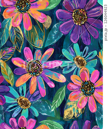 Stylish pattern with bright flowers and golden leaves on a dark blue background. Stylish pattern with bright flowers and golden leaves on a dark blue background. 126044923
