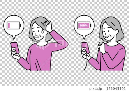 老年婦女為她的智慧型手機電池組充電 126045191