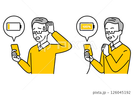 スマートフォンのバッテリーを充電している年配の男性 セット スマートフォンのバッテリーを充電している年配の男性 セット 126045192