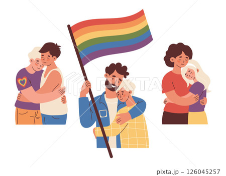 LGBT People set. Happy couple gently hugging and Holding Rainbow Flag. LGBTQ Pride Parade. Supporting diversity and self-expression. Vector Illustration for Pride Month, unity and equal love 126045257