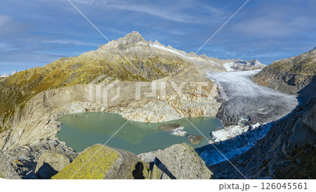 High mountain glacier Rhonegletscher and glacial lake on Furkapass in summer Switzerland 126045561