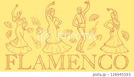 Elegant flamenco dancers hand drawn. vector horizontal background 126045583