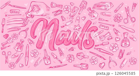 Nails  Doodle Line Art Illustration. Hand Drawn Vector. background Banner Set elements 126045585
