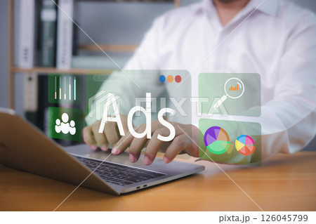 Ad, Market, Product ads, Online advertising concept Internet advertising digital marketing social media, Man using laptop with Ads dashboard digital marketing strategy analysis research for branding. 126045799