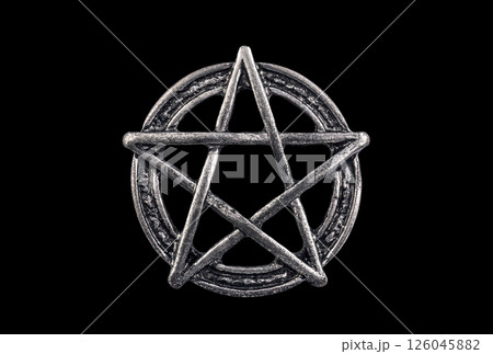Metal pentagram symbol isolated on black background with clipping path 126045882