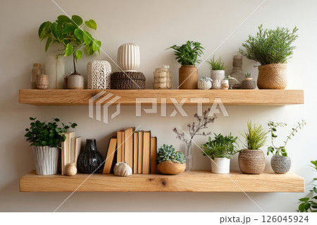Floating wooden shelves with ceramics and potted plants Floating wooden shelves with ceramics and potted plants 126045924