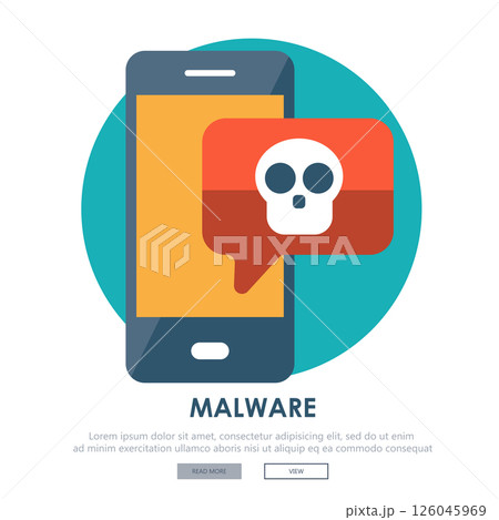 Document with malware in laptop. Concept of virus, piracy, hacking and security. Website banner of e-mail protection, anti-malware software. Flat vector illustration.	 126045969