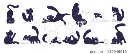 Black cats poses. Funny kitten in box, halloween cute cat silhouette outline icon domestic pet animal kitty paw with tail simple design kittens shadow, classy vector illustration Black cats poses. Funny kitten in box, halloween cute cat silhouette outline icon domestic pet animal kitty paw with tail simple design kittens shadow, classy vector illustration 126046016