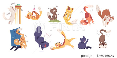 Cat behavior. Cats body language, funny cute kitten different tail action kitty poses and mood scared angry play friend feeling, cartoon kittens pet set classy vector illustration 126046023
