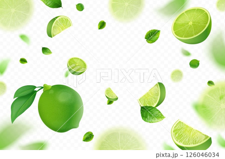 Realistic falling lime. 3d flying limes with mint leaves, green citrus juicy fruit fall or fly blur piece fresh summer cocktail mojito advertising banner, exact vector illustration 126046034