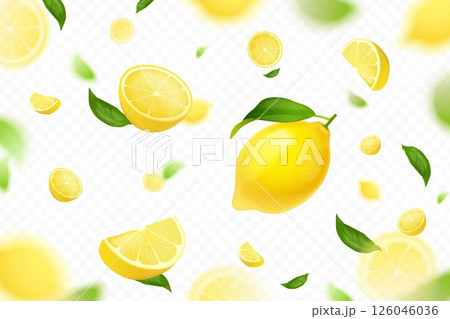 Realistic falling lemons. Flying citrus 3d fruit fall piece, juicy yellow orange ripe lemon fly slice fresh lemonade summer banner, drink advertising exact vector illustration 126046036