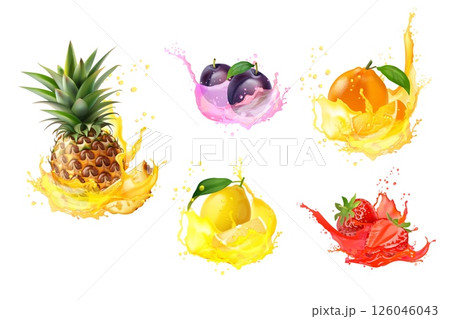 Realistic fruit juices. 3d ripe fruits with fresh juice water drop splashes, summer fruity drink vitamin cocktail watermelon pineapple liquid splash set exact vector illustration Realistic fruit juices. 3d ripe fruits with fresh juice water drop splashes, summer fruity drink vitamin cocktail watermelon pineapple liquid splash set exact vector illustration 126046043
