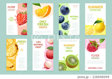 Realistic fruit flyers. Summer fruits menu design template, ripe fresh tropical exotic juice sweet healthy food abstract background brochure cards, 3d exact vector illustration Realistic fruit flyers. Summer fruits menu design template, ripe fresh tropical exotic juice sweet healthy food abstract background brochure cards, 3d exact vector illustration 126046049