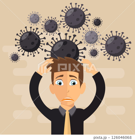 A man in a panic screams and fears around the virus fly molecules. Coronavirus concept. Stay safe concept. Covid-19 outbreak concept. Flat vector illustration	 126046068
