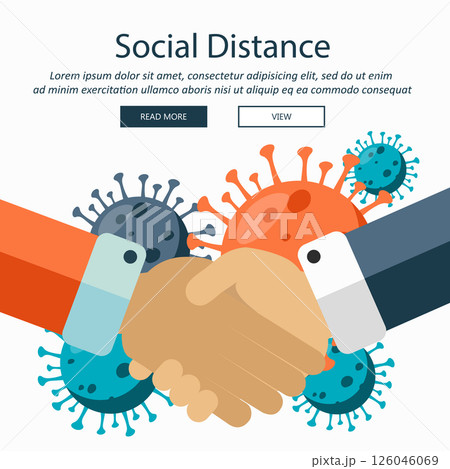 Handshake with coronavirus molecules. Social distance concept during the COVID-19 outbreak. Flat vector illustration	 126046069