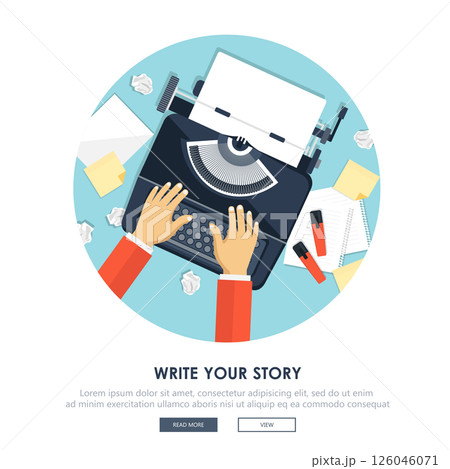 Write your story business banner for journalism. Literature and blogging. Flat vector illustration	 126046071