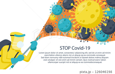 Person wearing hazmat disinfecting the virus. COVID-19 coronavirus molecules. Coronavirus Outbreak. Flat vector illustration Person wearing hazmat disinfecting the virus. COVID-19 coronavirus molecules. Coronavirus Outbreak. Flat vector illustration 126046198