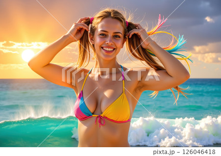 A smiling woman in a colorful bikini on the beach at sunset. 126046418