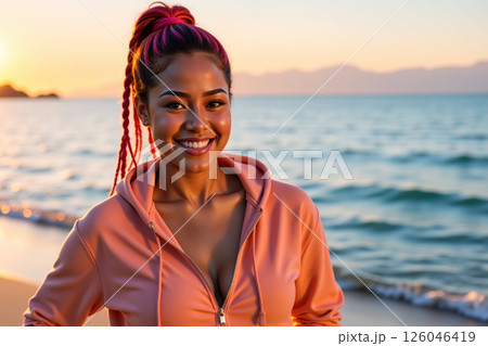 Smiling woman with pink hair at the beach. 126046419