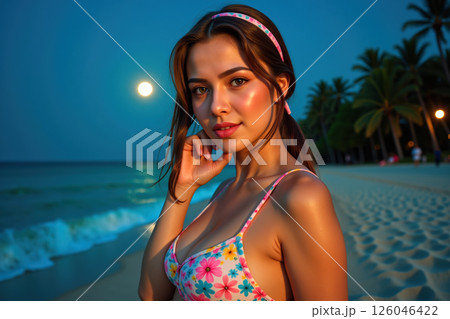 Moonlit beach beauty in a floral swimsuit. 126046422