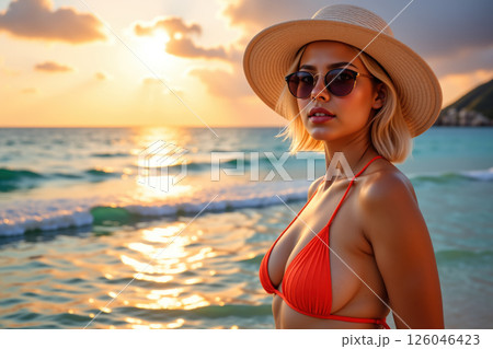 Woman in red bikini and hat at sunset. 126046423