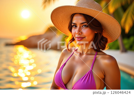 Sunset beach beauty in a pink bikini. 126046424