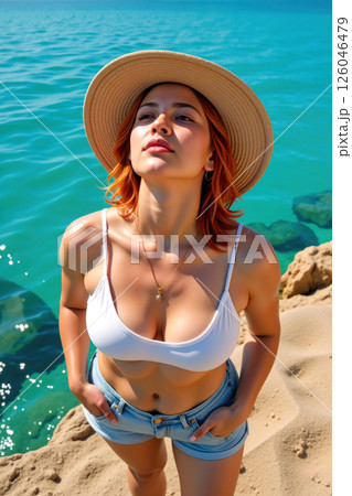 A woman posing by the sea. A woman posing by the sea. 126046479