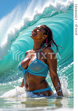 Joyful beach scene with a big wave. Joyful beach scene with a big wave. 126046481