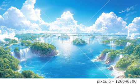青空の下に広がる滝と緑の島々が織りなす幻想的な海景 126046506