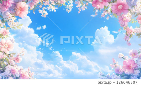 青空を彩るピンクの春の花々と柔らかな雲の風景 126046507