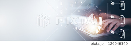 Man using tablet and data information on the Cloud Computing Technology Internet Storage Network,  big data Through internet technology, Cloud sharing download and upload 126046540