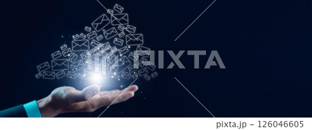 Businessman hand holding e-mail icon letter on a touch screen interface, virtual postal envelope, concept of spam email, internet and networking, Contact us newsletter email and protect your personal. 126046605