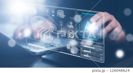 Industrial Engineer and AI, Artificial Intelligence concept, Manager Technical Industrial Engineer people and control robotics with monitoring system software and icon industry, Car EV technology 126046624