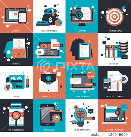 Business, technology and management icon set for websites and mobile applications. Flat vector illustration Business, technology and management icon set for websites and mobile applications. Flat vector illustration 126046699
