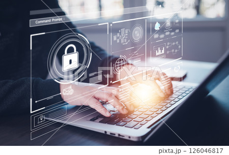 Hand using laptop with Security password login online Cyber data protection Internet security technology concept Chatbot chat with AI artificial intelligence. Hand using laptop with Security password login online Cyber data protection Internet security technology concept Chatbot chat with AI artificial intelligence. 126046817