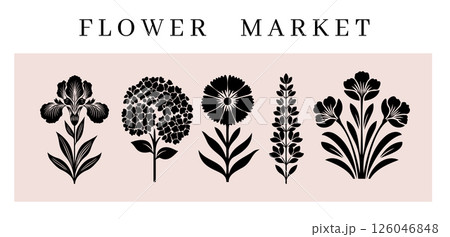 Flower market flyer design. Black silhouettes of garden flowers on beige background. Botanical illustration. Flower market flyer design. Black silhouettes of garden flowers on beige background. Botanical illustration. 126046848