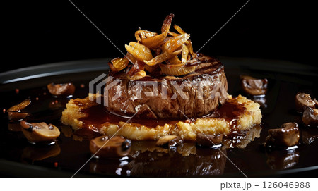 Elegant Porcini Tournedos Rossini: Filet Mignon, Foie Gras, Porcini Sauce, and Creamy Polenta 126046988