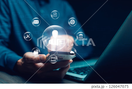 businessman holding smartphone Personal information file storage concept ,HR checklists of employees Corporate data management system and document management system with employee privacy. businessman holding smartphone Personal information file storage concept ,HR checklists of employees Corporate data management system and document management system with employee privacy. 126047075