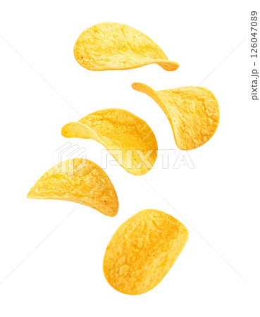 Crispy Golden Potato Chips in Mid Air 126047089