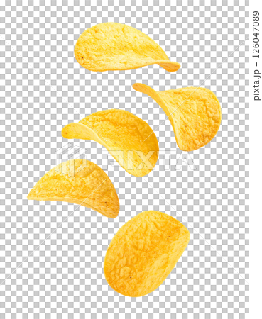 Crispy Golden Potato Chips in Mid Air 126047089