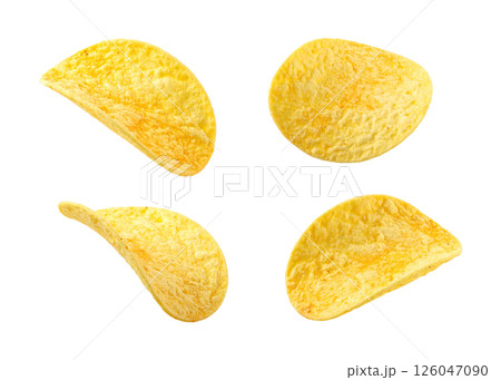 Four Golden Potato Chips Showing Different Perspective Views 126047090