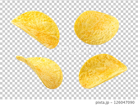 Four Golden Potato Chips Showing Different Perspective Views 126047090