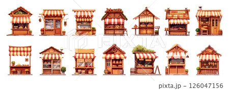Outdoor kiosks cartoon vector set. Wooden street striped tent clothes accessories souvenirs food vending mini shop markets, illustrations isolated on white background 126047156