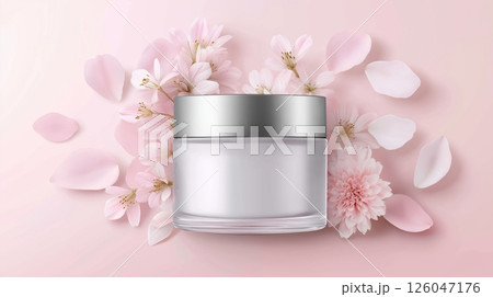 Elegant cream with flower petals on a soft pink background 126047176