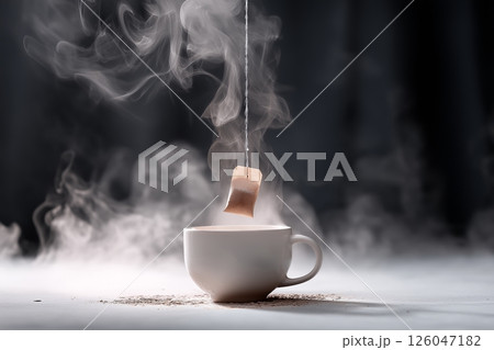 A tea bag dangling over a cup of boiling water, about to be dipped 126047182