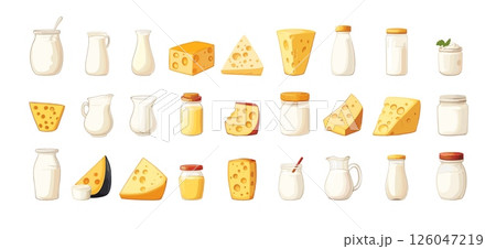 Cartoon dairy products. Cheese butter milk cream yogurt glass bottles and jars, natural organic healthy food meal vector set isolated on white background 126047219