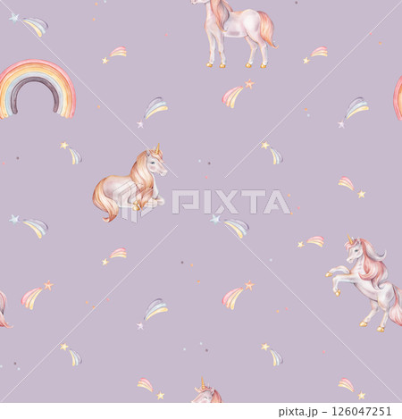Seamless watercolor pattern with Unicorn and multicolored stars. Hand drawn Illustrations of background for nursery wallpaper, baby textiles or children paper. Pastel colors pony with rainbow 126047251